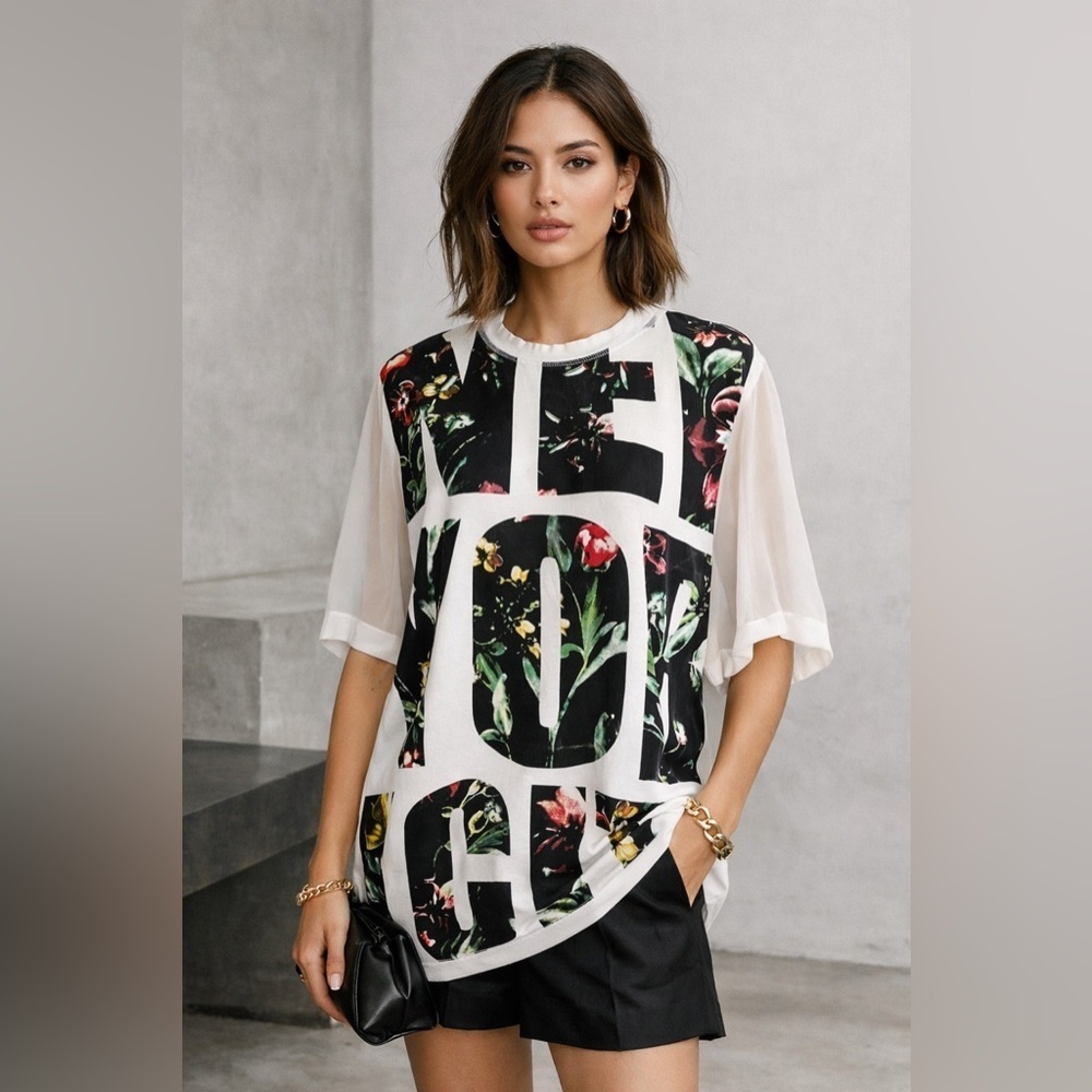 3.1 Phillip Lim Women's Sz S New York City NYC White Silk Oversized Graphic Tee